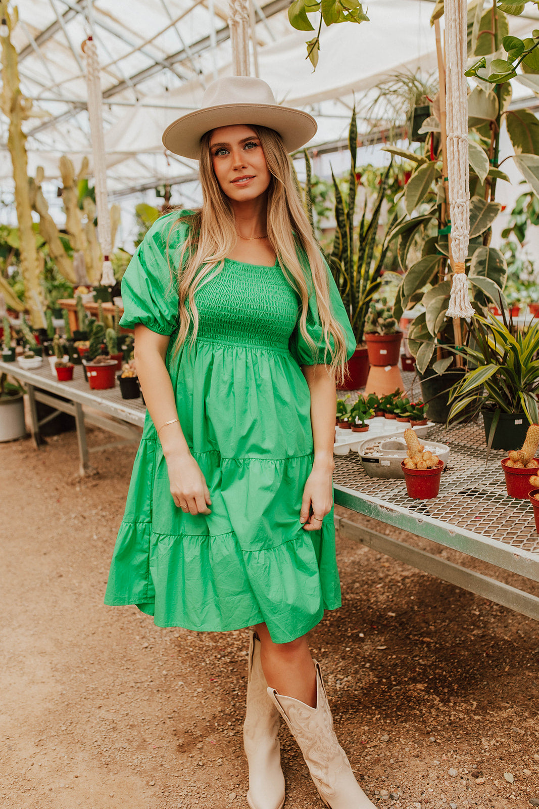 THE ALYSSA SMOCKED DRESS IN KELLY GREEN BY ALYSSA JOHNSON X PINK DESERT