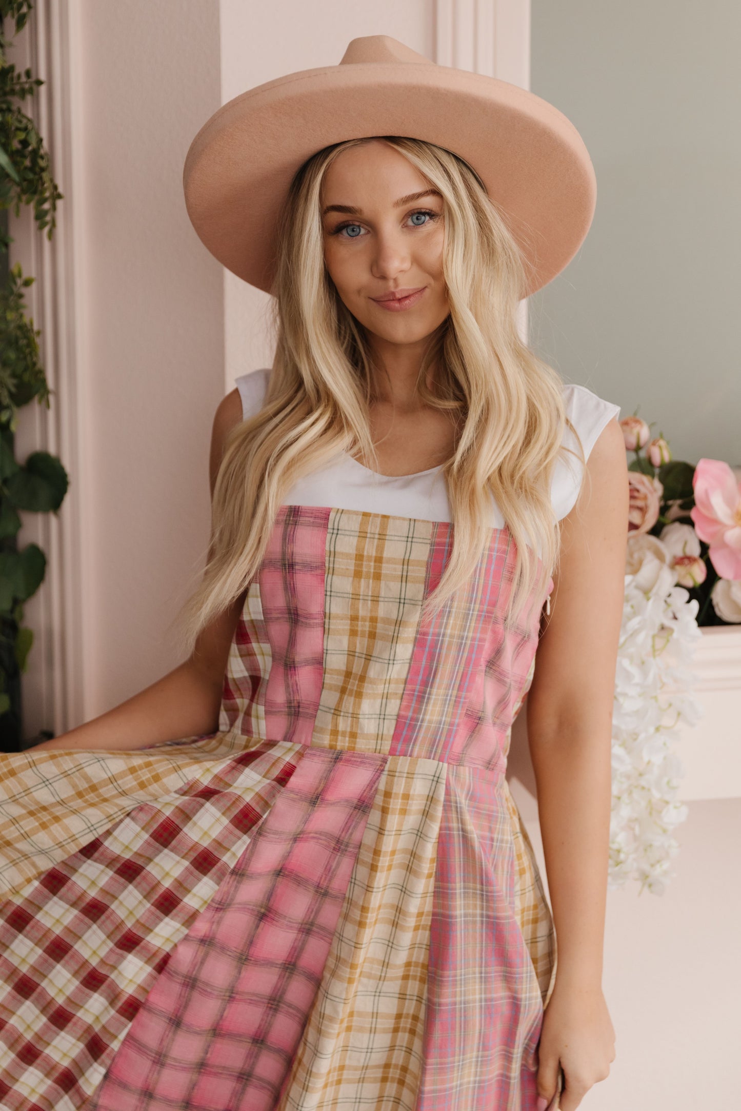 THE COLETTE CHECKERED MIDI DRESS IN PINK