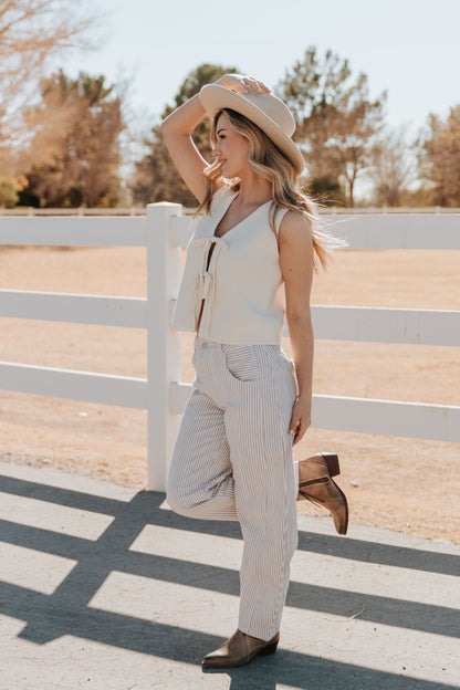 THE TORI BARREL PIN STRIPE PANTS IN IN TAUPE