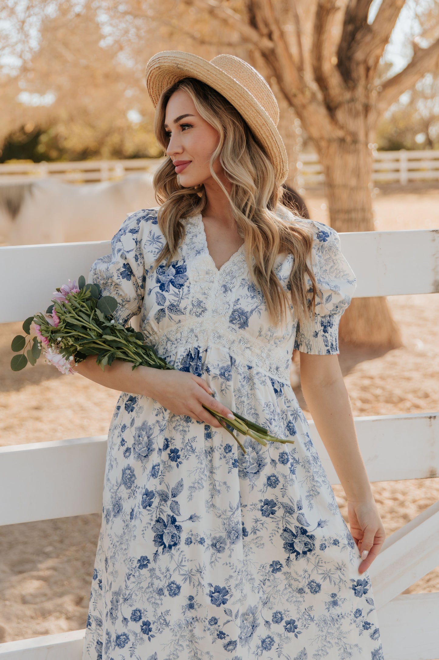 THE CONSTANCE ANTIQUE FLORAL MIDI DRESS IN BLUE