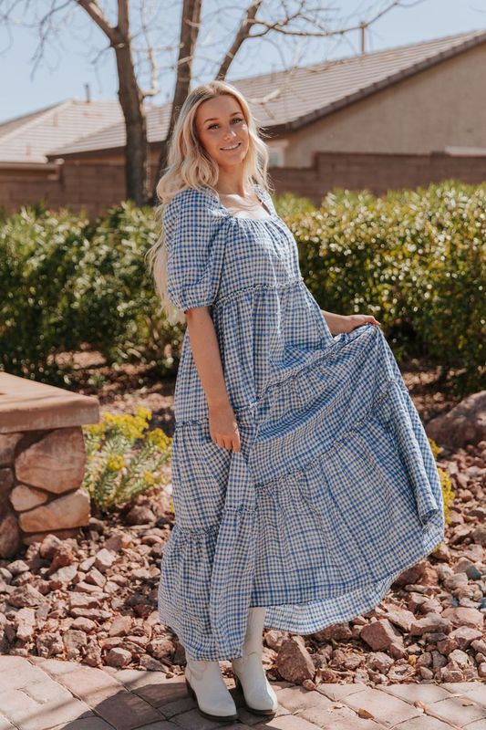 THE MONAE CHECKER PRINT MAXI DRESS IN BLUE