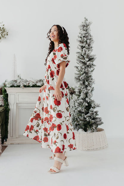 THE CHARLOTTE BUBBLE SLEEVE DRESS IN RED ROSE