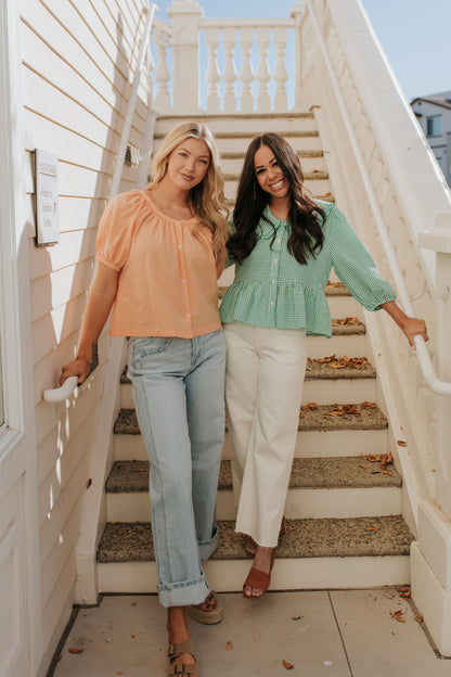 THE MINNIE CHECKERED BUTTON UP BLOUSE IN CORAL