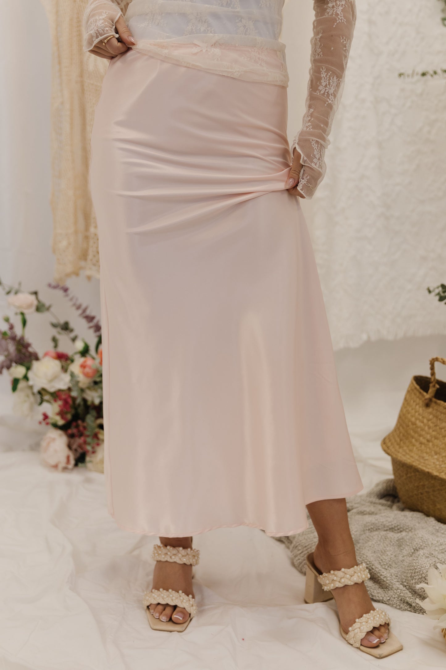 THE MAISIE SATIN MAXI SKIRT IN BABY PINK