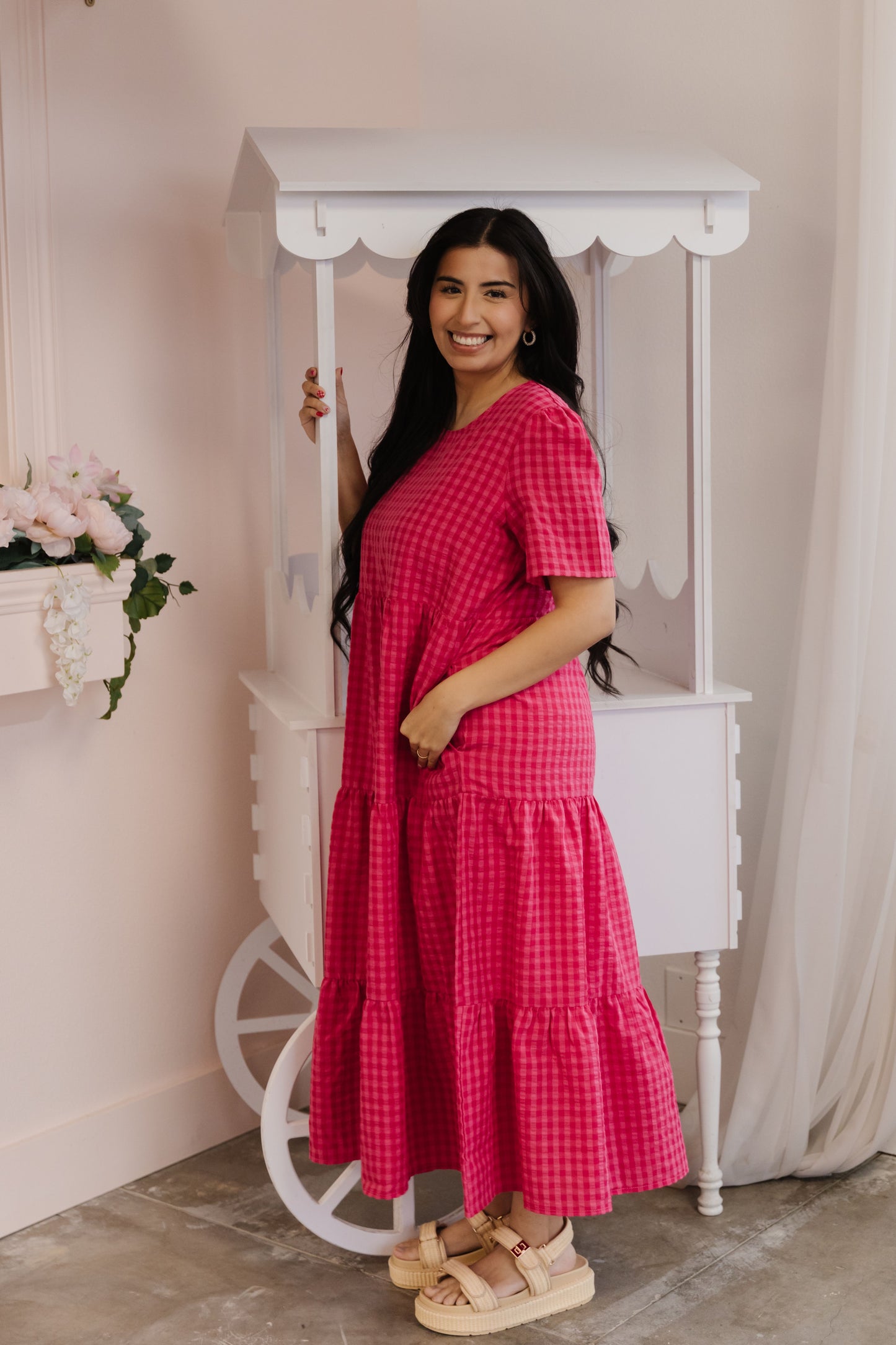 THE GILLIAN GINGHAM TIERED DRESS IN HOT PINK