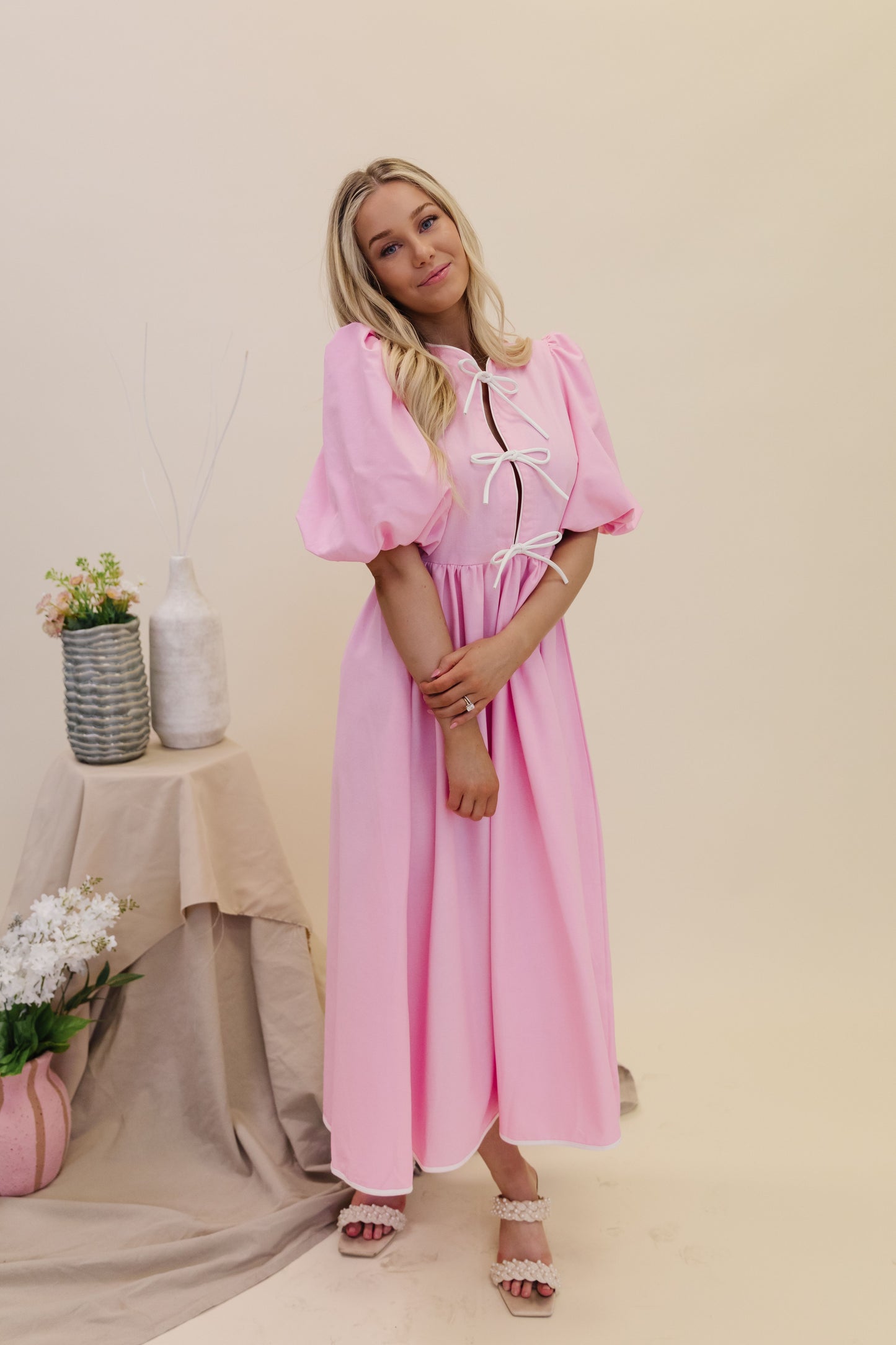 THE JOSEPHINE BOW TIE MIDI DRESS IN PINK