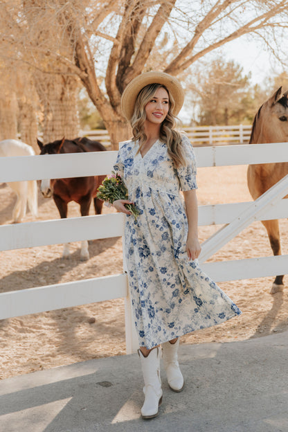 THE CONSTANCE ANTIQUE FLORAL MIDI DRESS IN BLUE