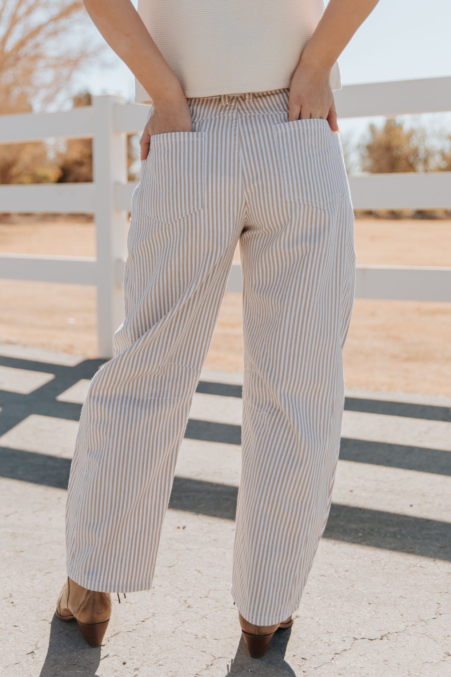 THE TORI BARREL PIN STRIPE PANTS IN IN TAUPE