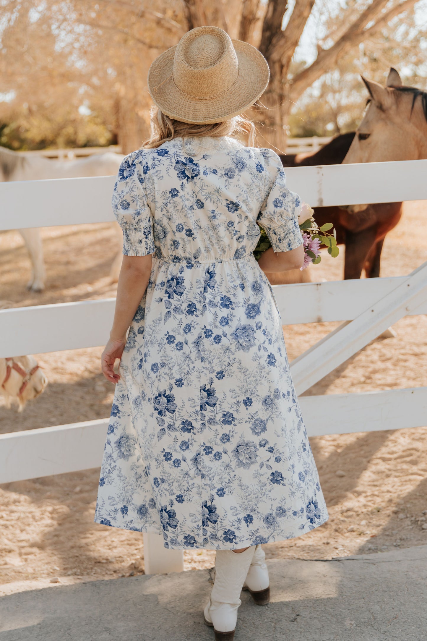 THE CONSTANCE ANTIQUE FLORAL MIDI DRESS IN BLUE