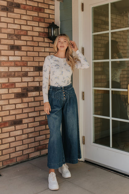 THE HATTIE FLORAL HENLEY LONG SLEEVE IN CORNFLOWER