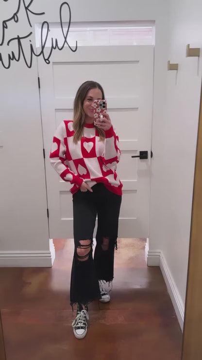 THE RAMONA CHECKERED HEART SWEATER IN RED