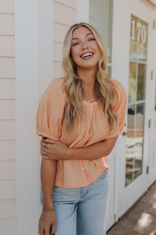 THE MINNIE CHECKERED BUTTON UP BLOUSE IN CORAL