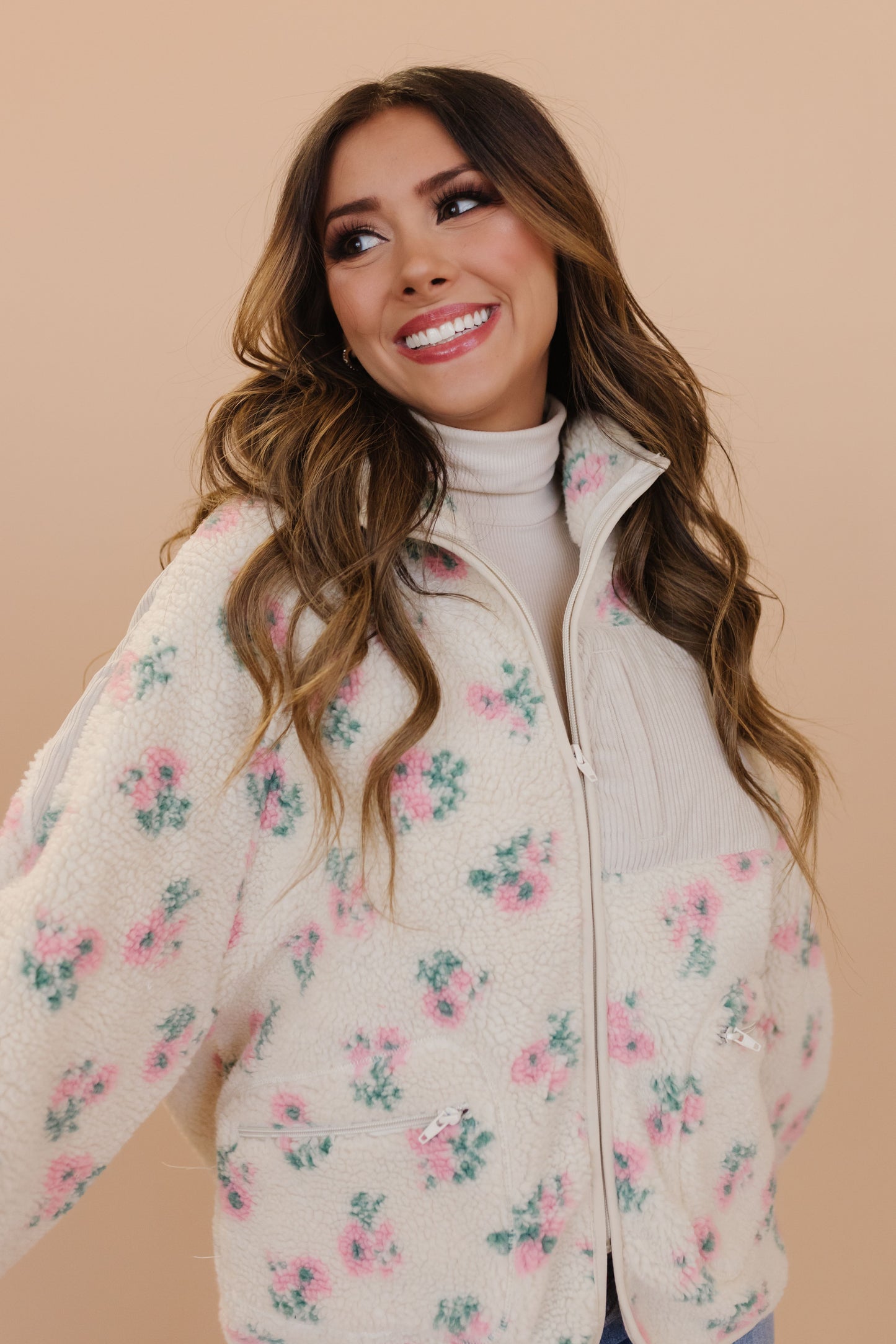 THE ODETTE OVERSIZED PRINTED FLEECE JACKET IN PINK FLORAL