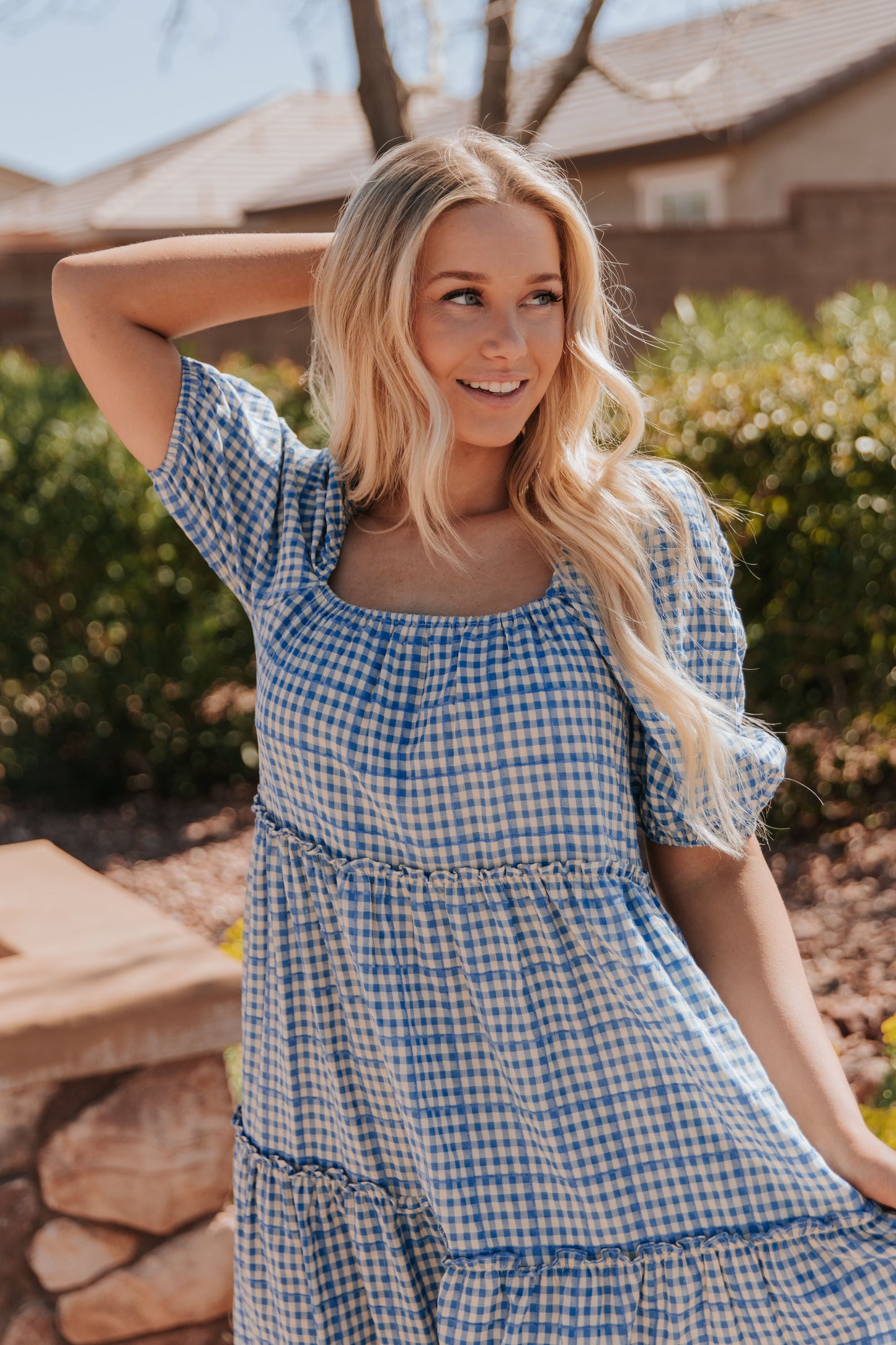 THE MONAE CHECKER PRINT MAXI DRESS IN BLUE