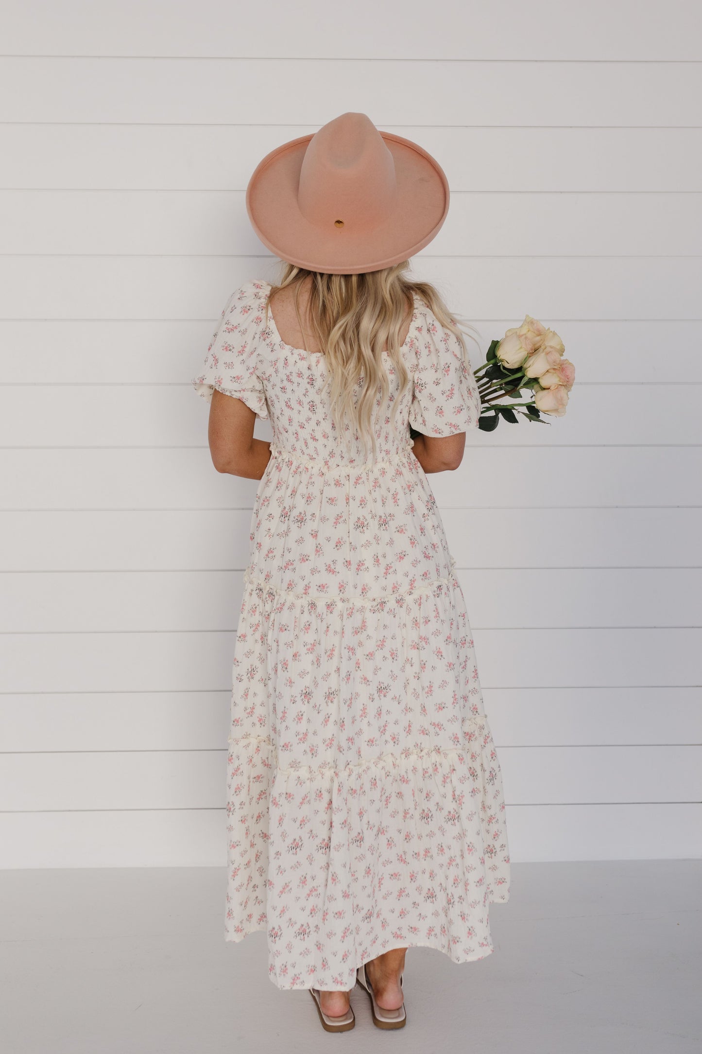 THE ADELAIDE FLORAL MIDI PUFF SLEEVE DRESS IN PINK