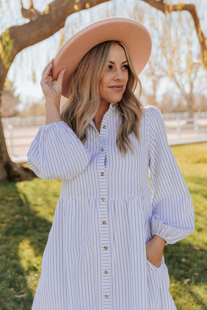 THE TASSA STRIPED BUTTON UP MIDI DRESS IN WHITE