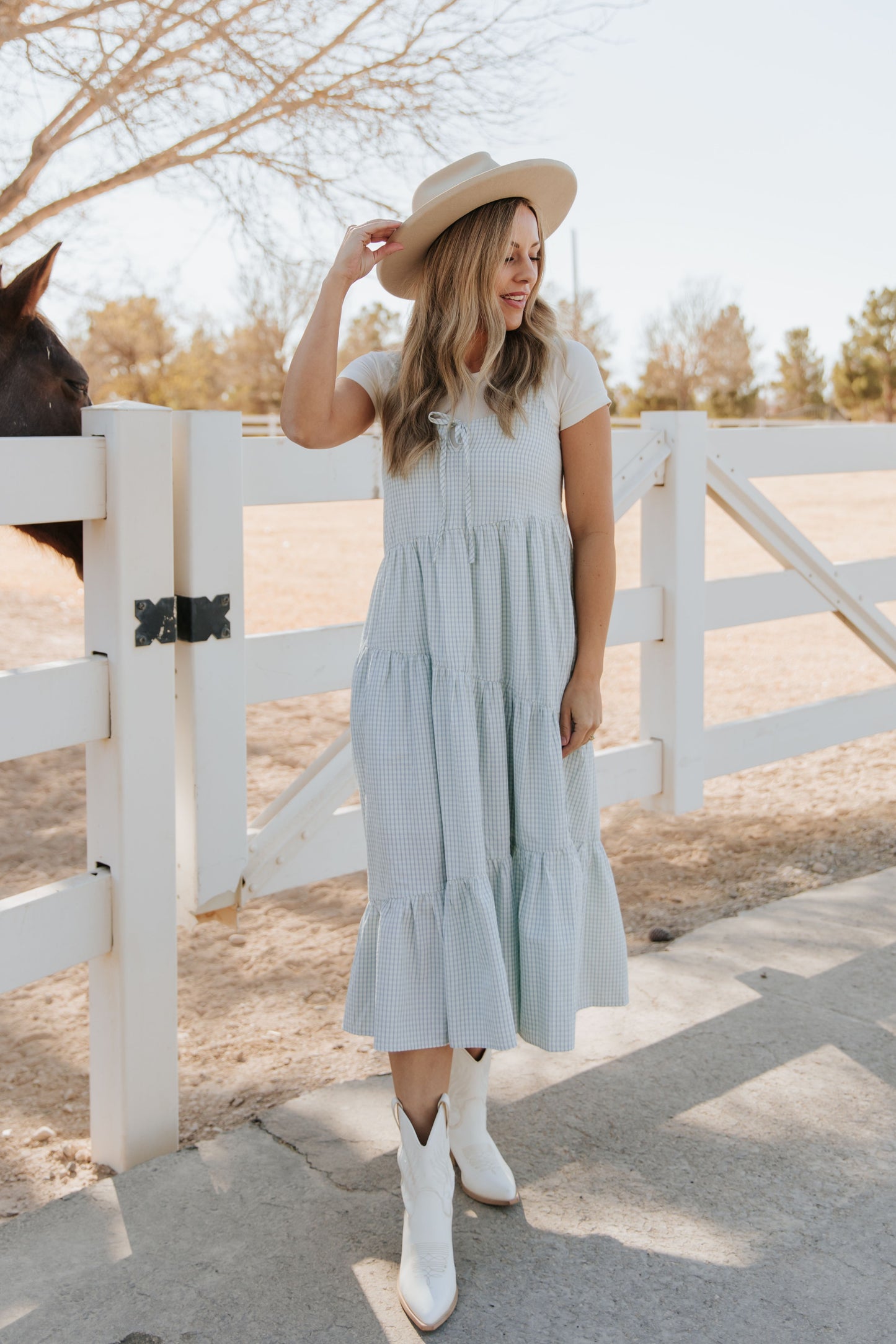 THE ALORA ASYMMETRICAL MIDI DRESS IN BLUE PLAID