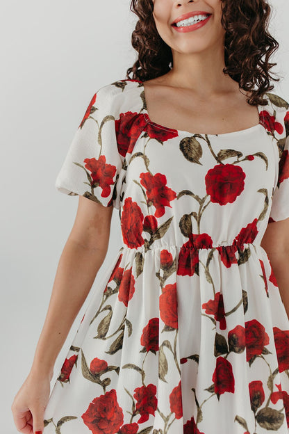 THE CHARLOTTE BUBBLE SLEEVE DRESS IN RED ROSE