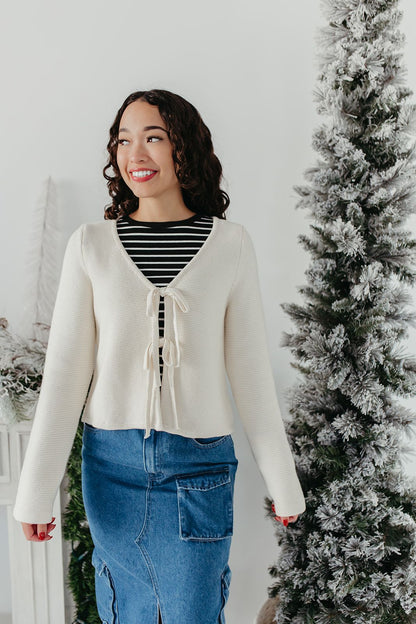 THE KARTER TIE FRONT KNIT CARDIGAN IN CREAM