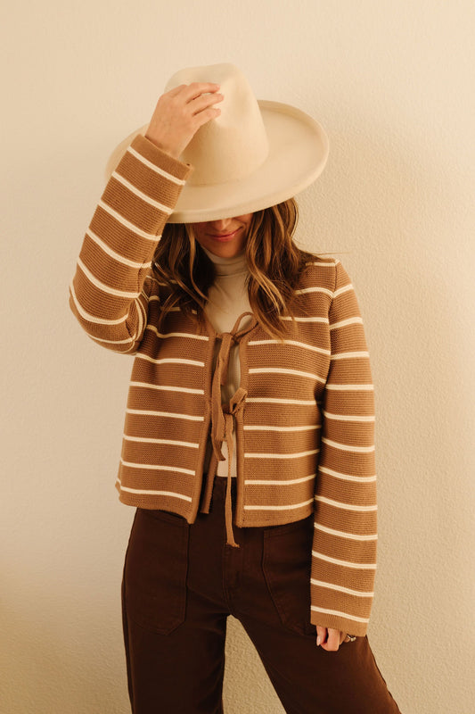 THE KARTER TIE FRONT KNIT CARDIGAN IN MOCHA STRIPE