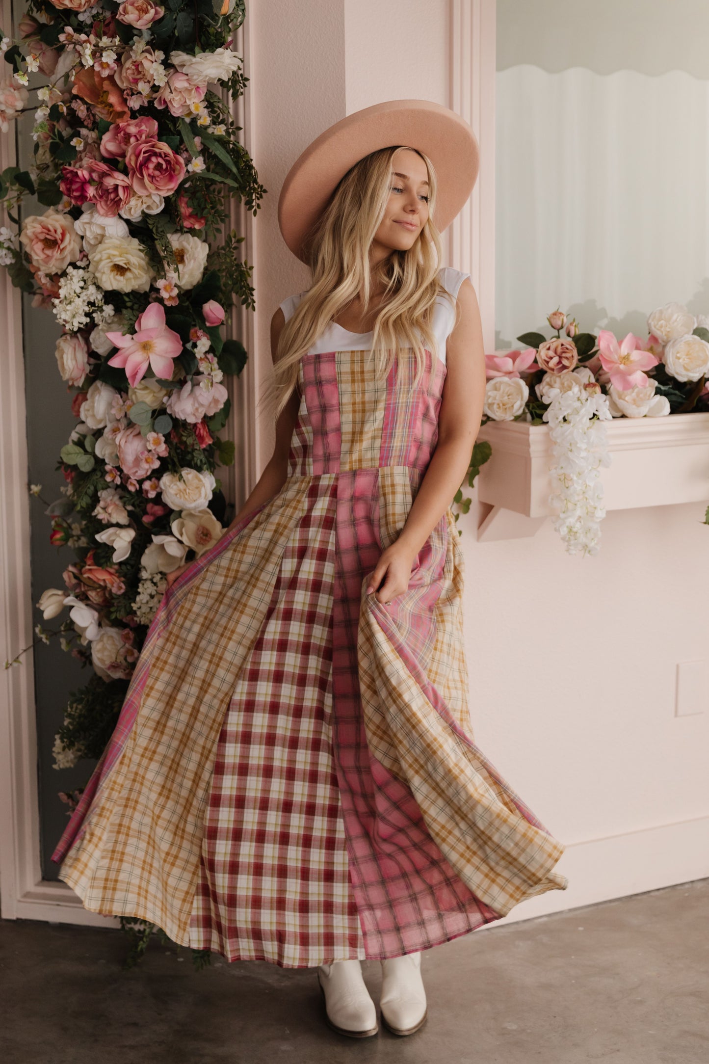 THE COLETTE CHECKERED MIDI DRESS IN PINK