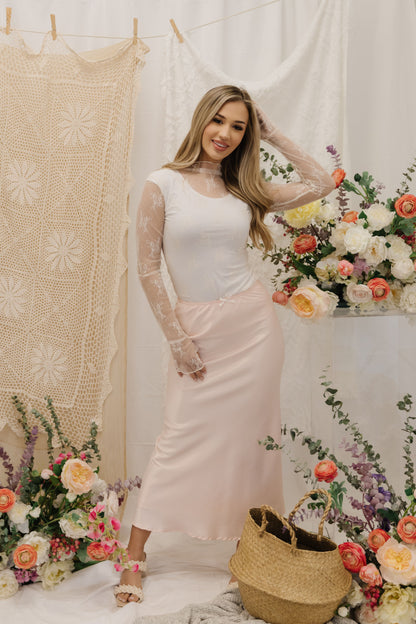 THE MAISIE SATIN MAXI SKIRT IN BABY PINK