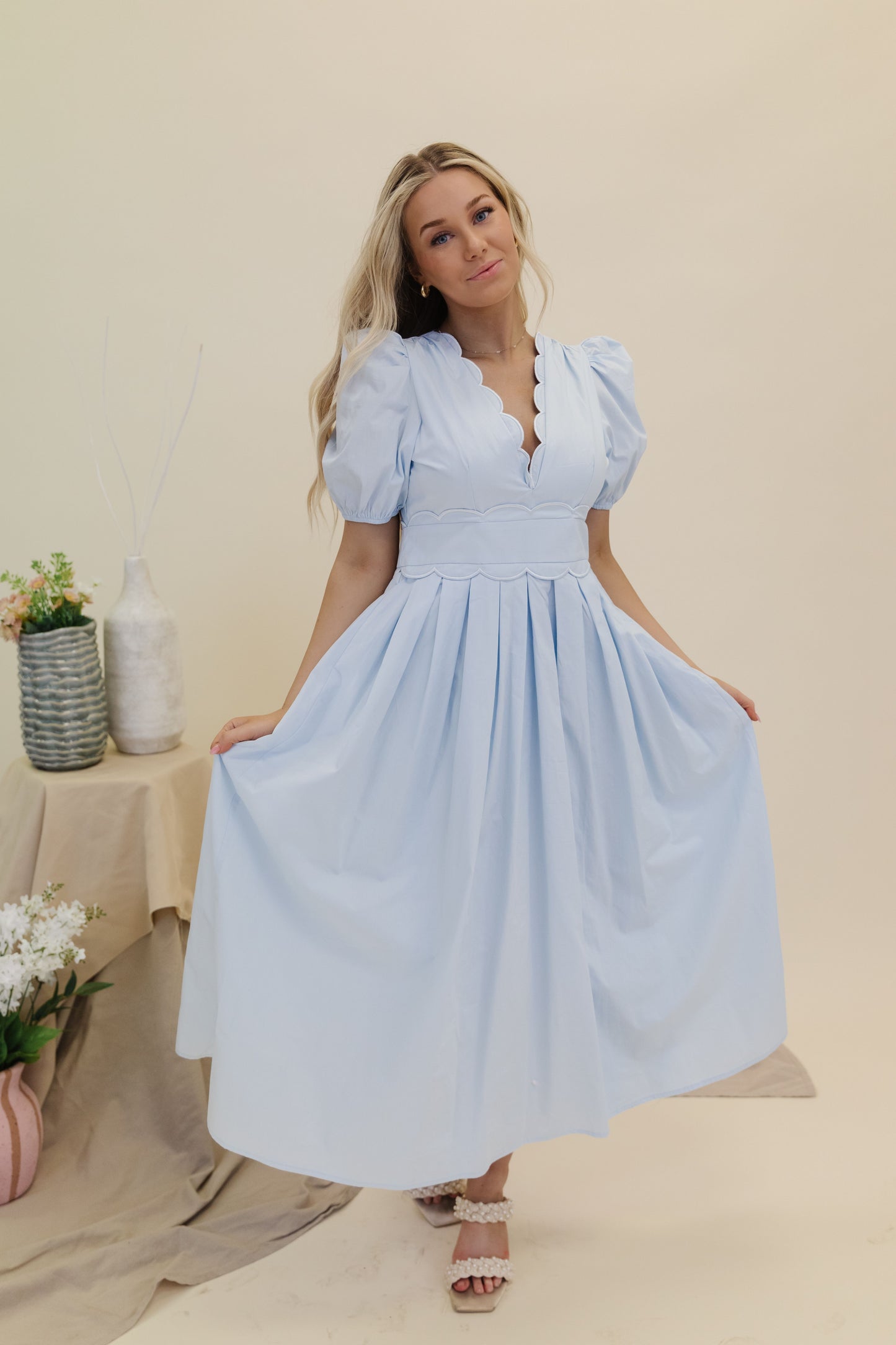 THE ELLA SCALLOPED MIDI DRESS IN BABY BLUE