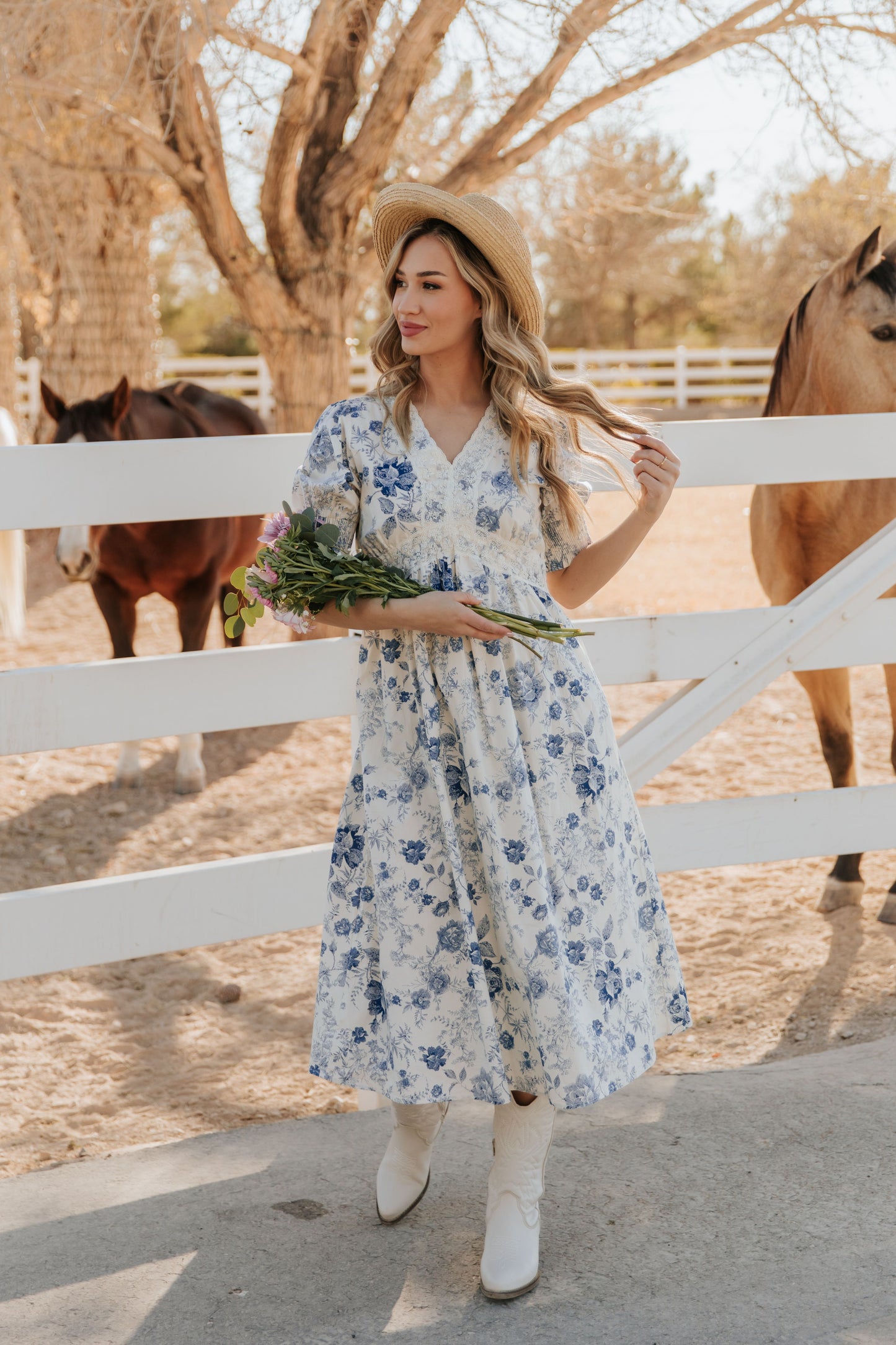 THE CONSTANCE ANTIQUE FLORAL MIDI DRESS IN BLUE