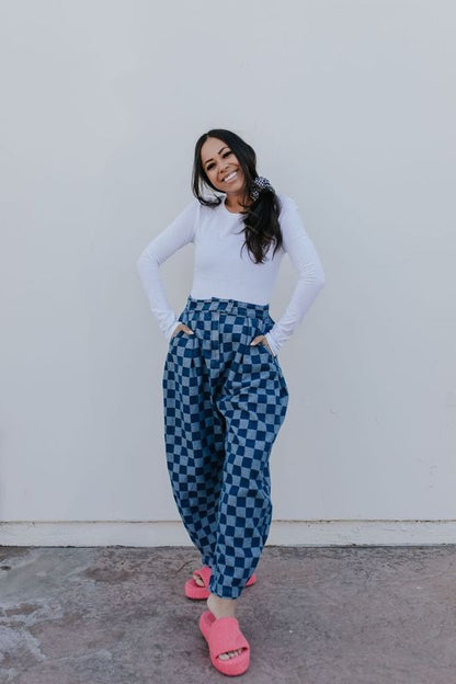 THE POPPY PLEATED CHECKERED BARREL PANTS IN LIGHT DENIM