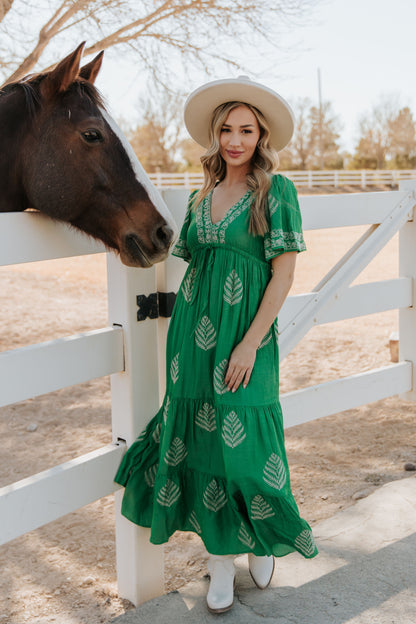 THE RAYLEIGH EMBROIDERED MAXI DRESS IN SPRING GREEN