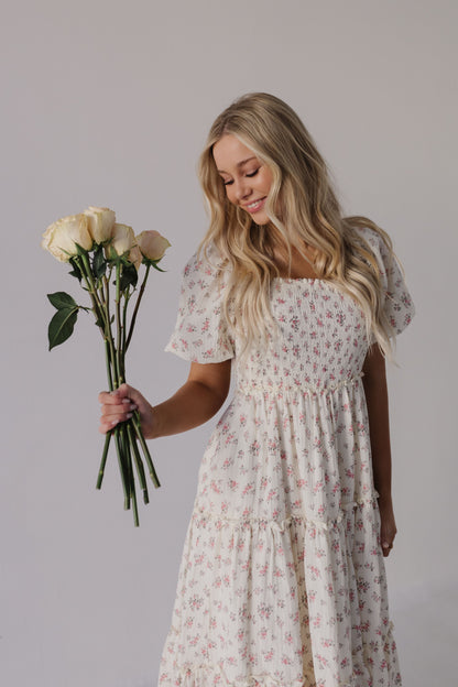 THE ADELAIDE FLORAL MIDI PUFF SLEEVE DRESS IN PINK