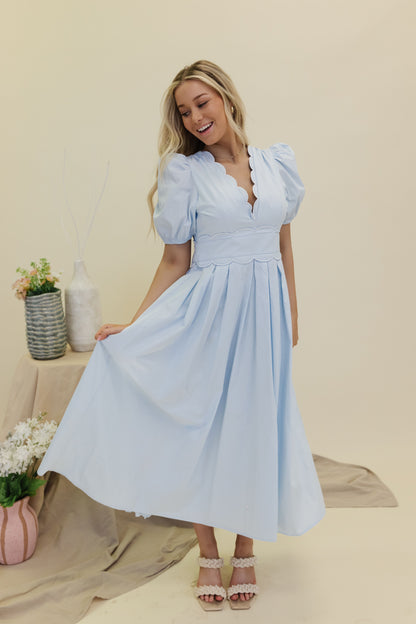 THE ELLA SCALLOPED MIDI DRESS IN BABY BLUE