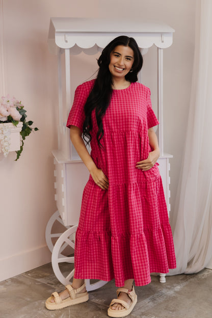 THE GILLIAN GINGHAM TIERED DRESS IN HOT PINK