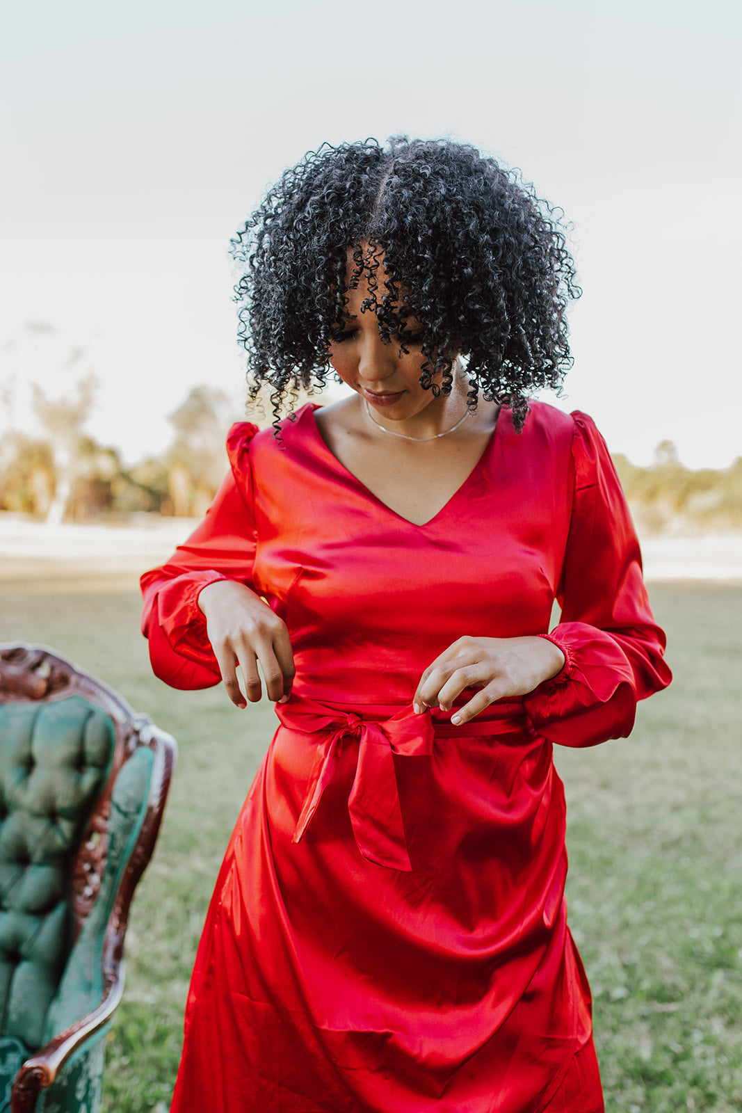 Red faux wrap store dress