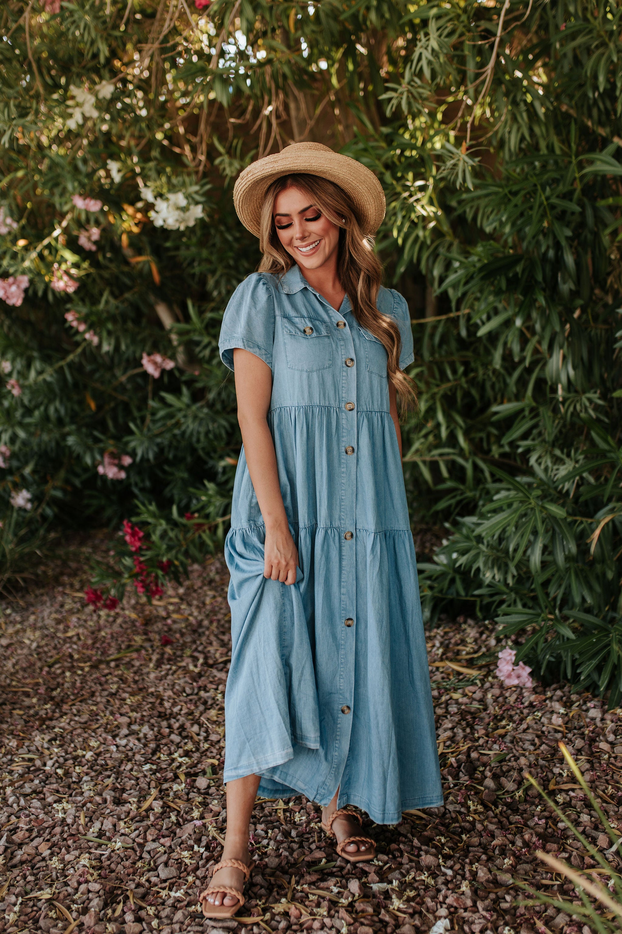 Full sleeve long denim midi dress with belt - Cameo Outfits