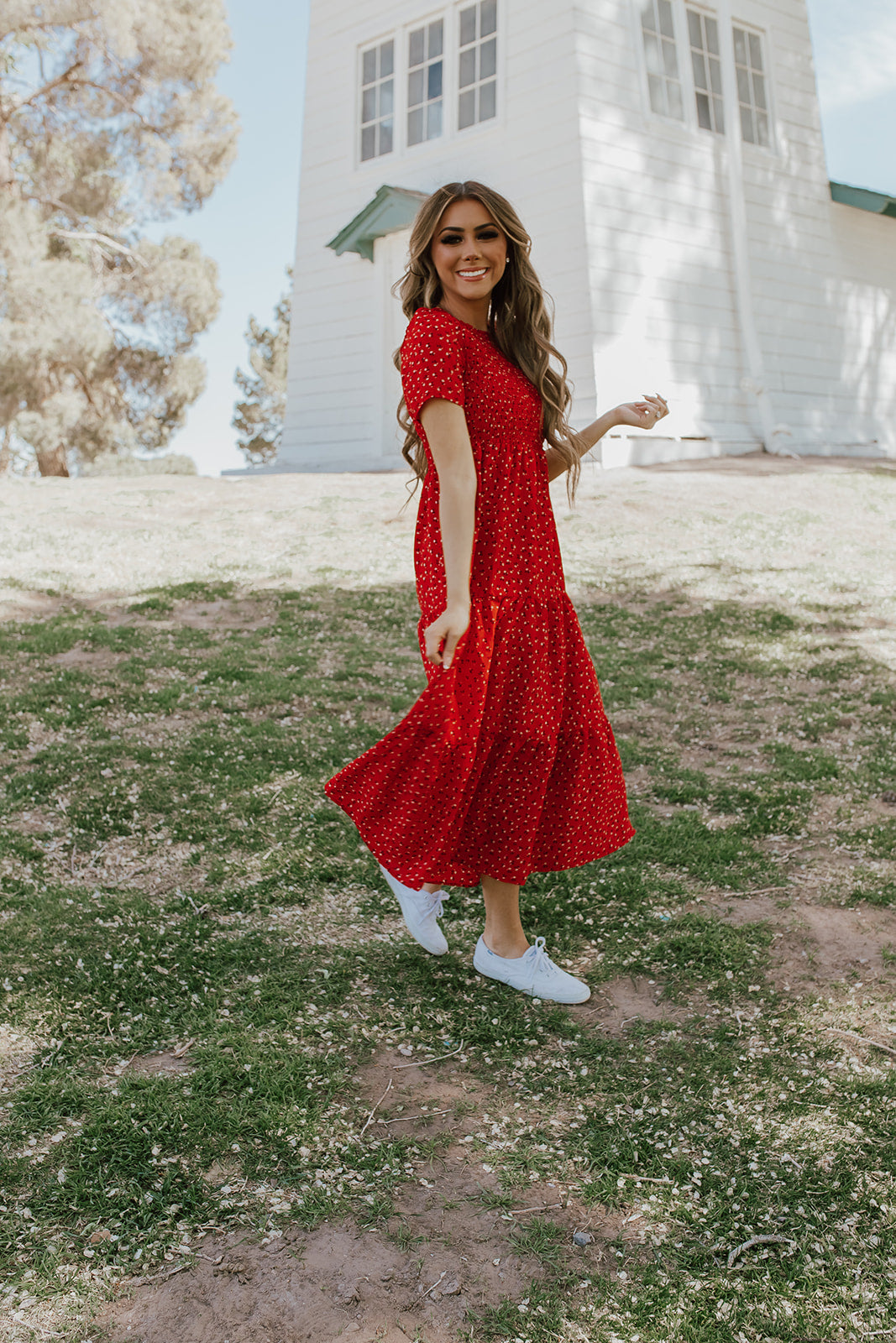 Red midi dress sales outfit