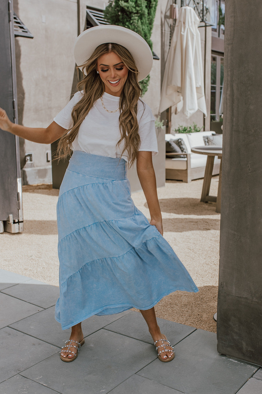 THE SUMMER TIERED MAXI SKIRT IN SKY BLUE