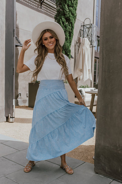 THE SUMMER TIERED MAXI SKIRT IN SKY BLUE – Pink Desert