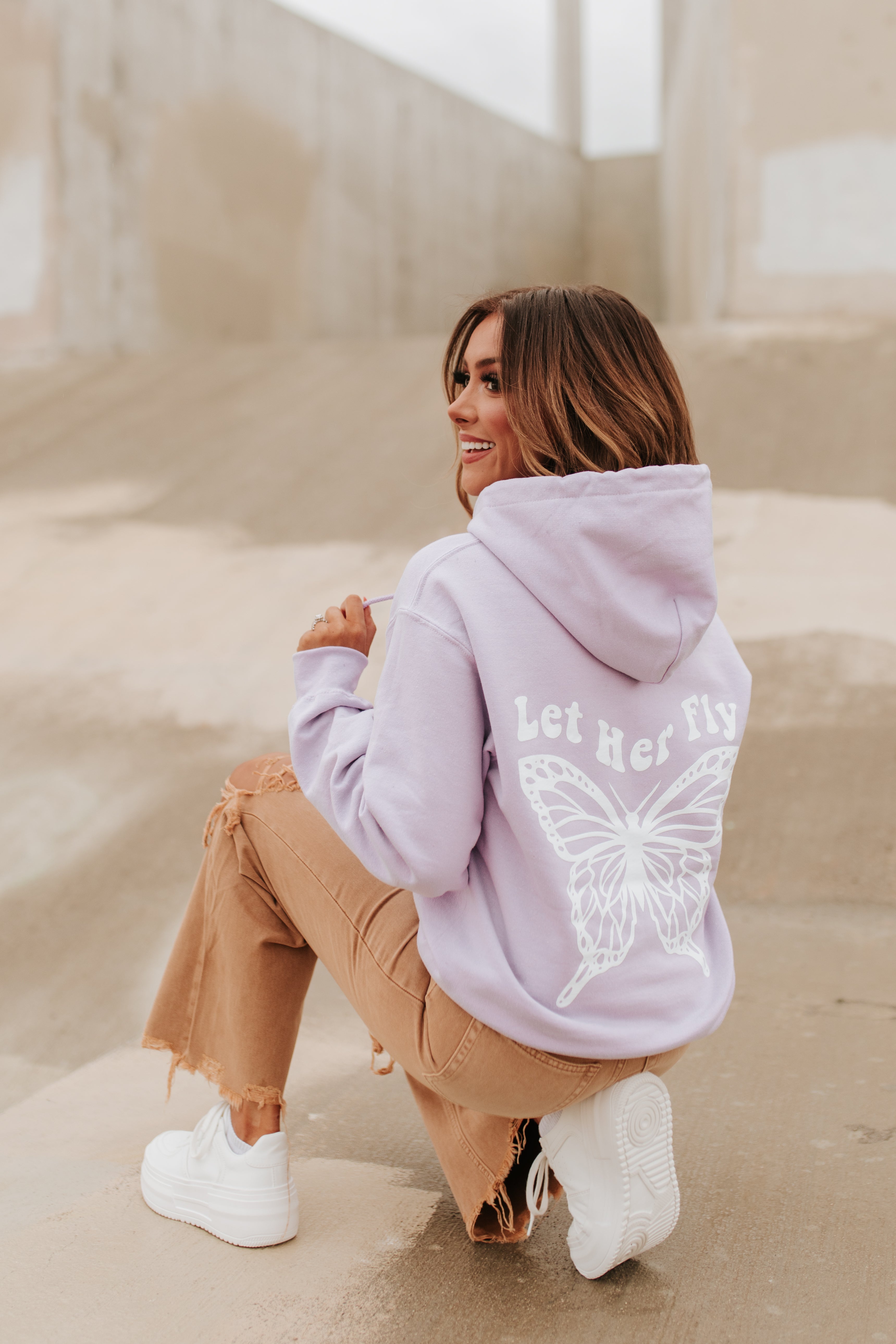 THE LET HER FLY BUTTERFLY HOODIE IN LAVENDER BY PINK DESERT